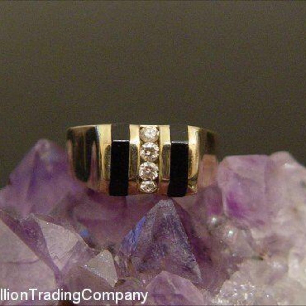Heavy 14k Yellow Gold Tension Set .20 carat Diamond Inlaid Onyx Stripe Band Ring